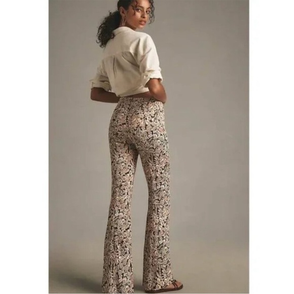 Anthropologie Satin Flare Leg Paisley Print Pants Tan Beige High Rise Sz 10 - Picture 3 of 14